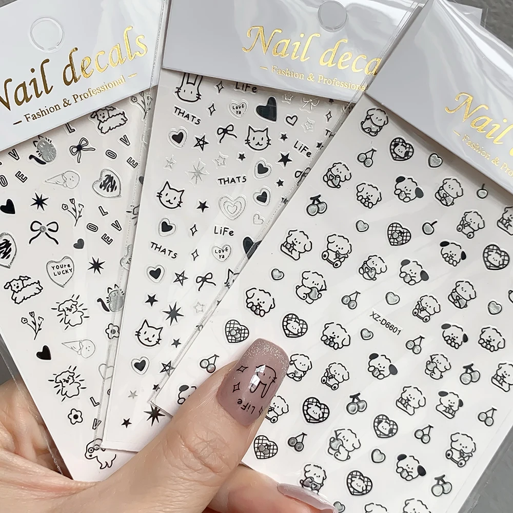 3D Graffiti Black Cat Dog Nail Decals 1pcs Kawaii Cartoon Animal Nail Art Stickers 8*10cm Adhesive Cartoon Dog Manicure Diy 25&*