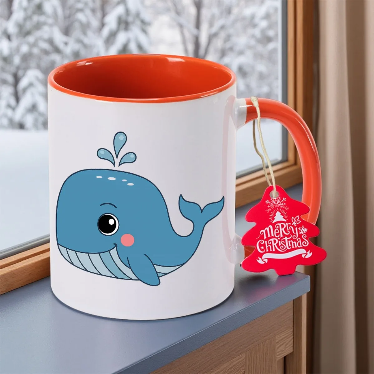 Cross-border Cute Blue Whale and Floral Decoration Ceramic Coffee Cup 