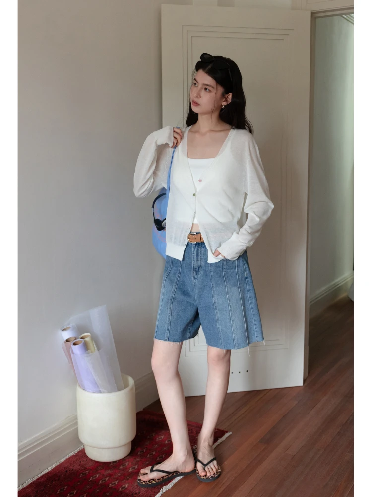 

EGGKA Blue High Waist Straight Leg Jeans Women's Summer New Style Versatile Tailored Patchwork Design Loose Slimming Mid-Length