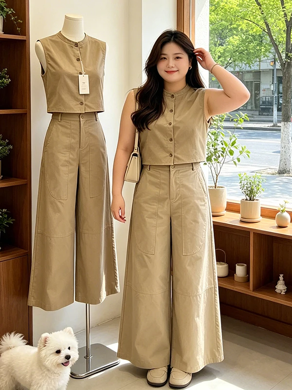 plus Size Casual Set Women Summer New Stylish Single Button Sleeveless Vest Wide Leg Pants Two Piece Set Commute Style High W...