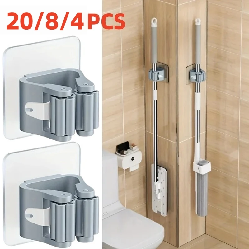 Wandmontierter Mopp- und Besenhalter, Robuster Wasserdichter Selbstklebender Aufbewahrungsständer mit Haken für Badezimmer und Küche – Detail 2