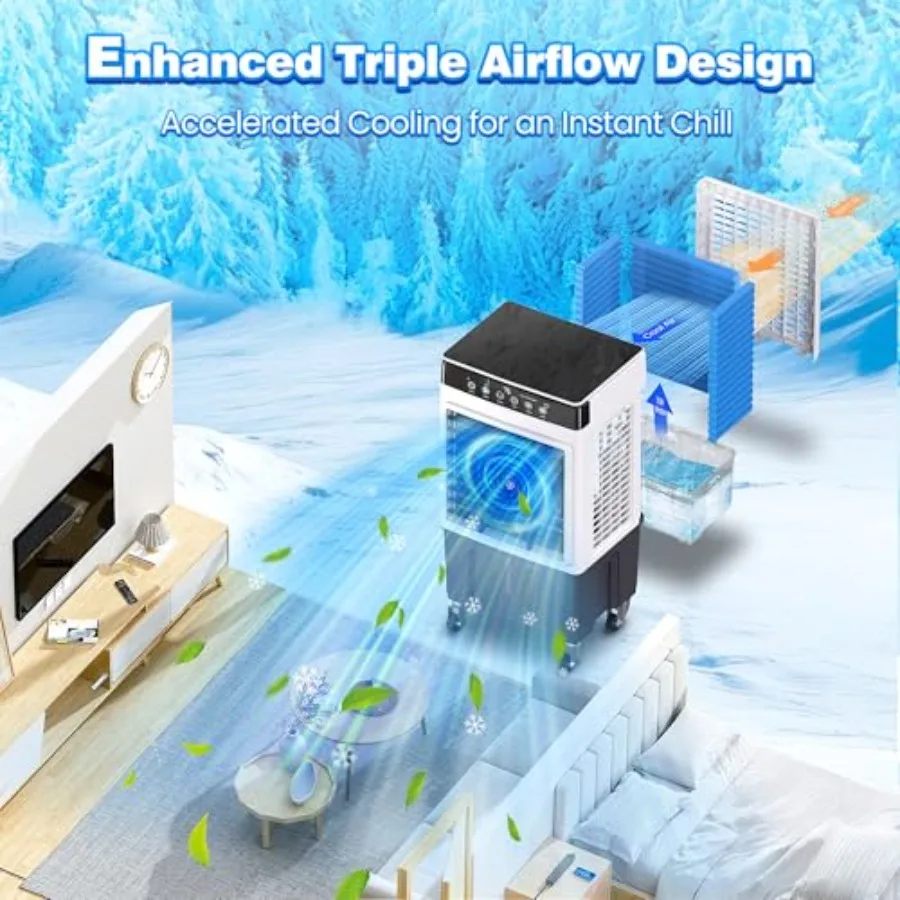 Pendingin Udara Evaporatif 3000CFM untuk Penggunaan Dalam dan Luar Ruangan dengan Kontrol Jarak Jauh Osilasi 120, Timer 12 Jam, 4 Paket Es, 3 Mode Operasi