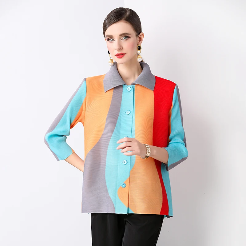 New Miyake Pleated Autumn Lapel Collar Loose Shirt Tops Elegant Women Single Breasted Hit Color Printed Elastic Blouses Tops