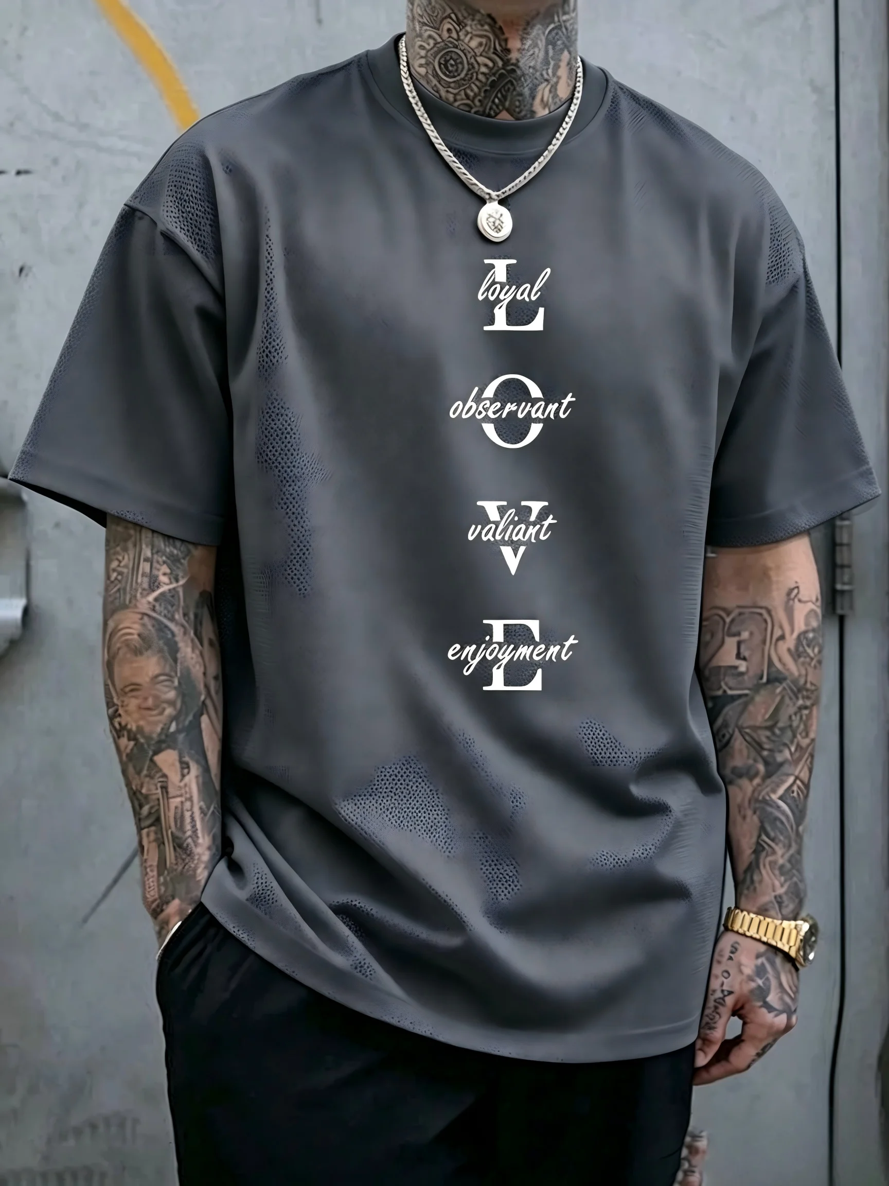 Positive LOVE Definition Letter Graphic Breathable Mesh Men Loose T-shirt Motivational Summer Daily Basic Top