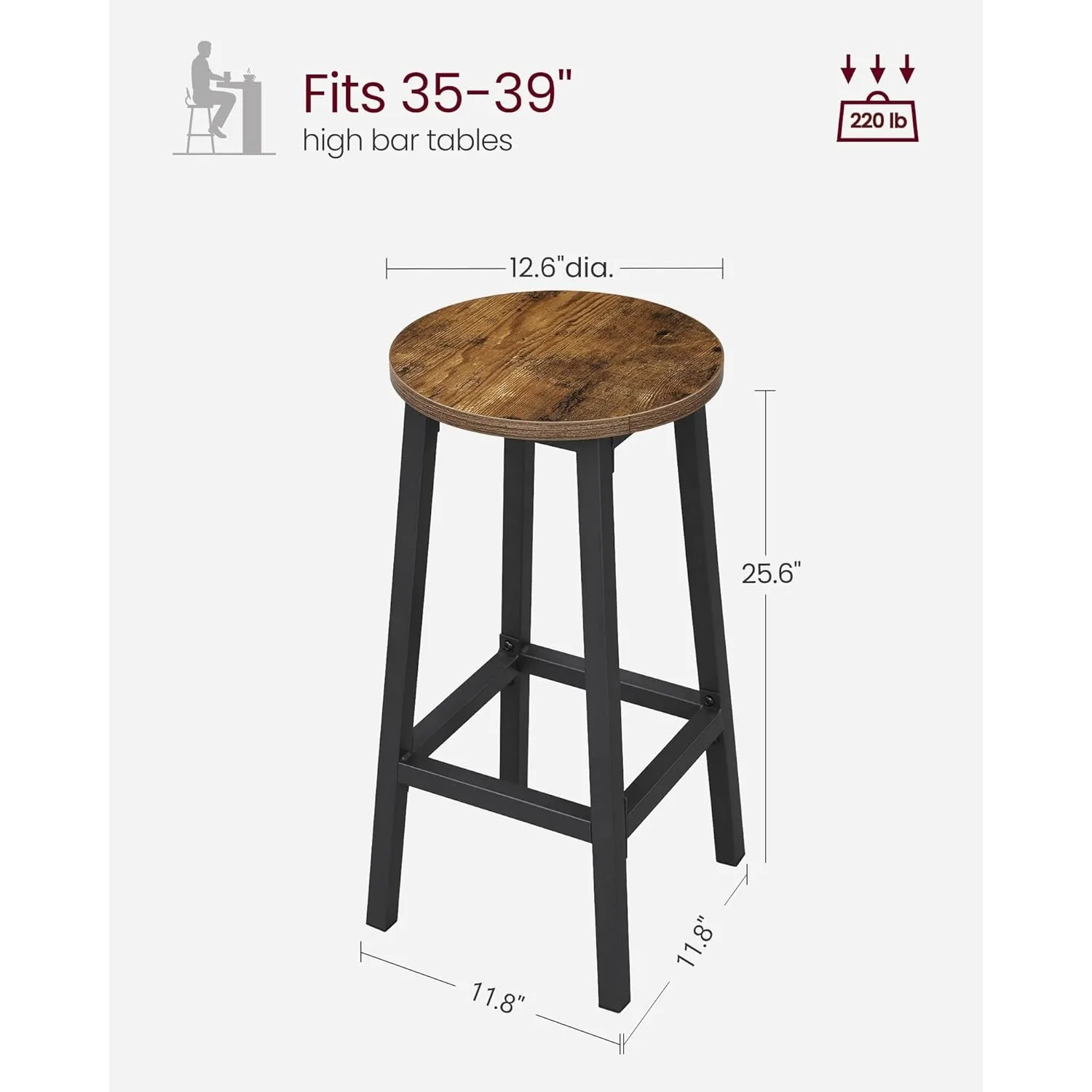 VASAGLE-Taburetes de Bar con marco de acero para cocina y comedor, Juego de 2 sillas de Bar, 25,6 pulgadas de alto, fácil montaje, diseño Industrial