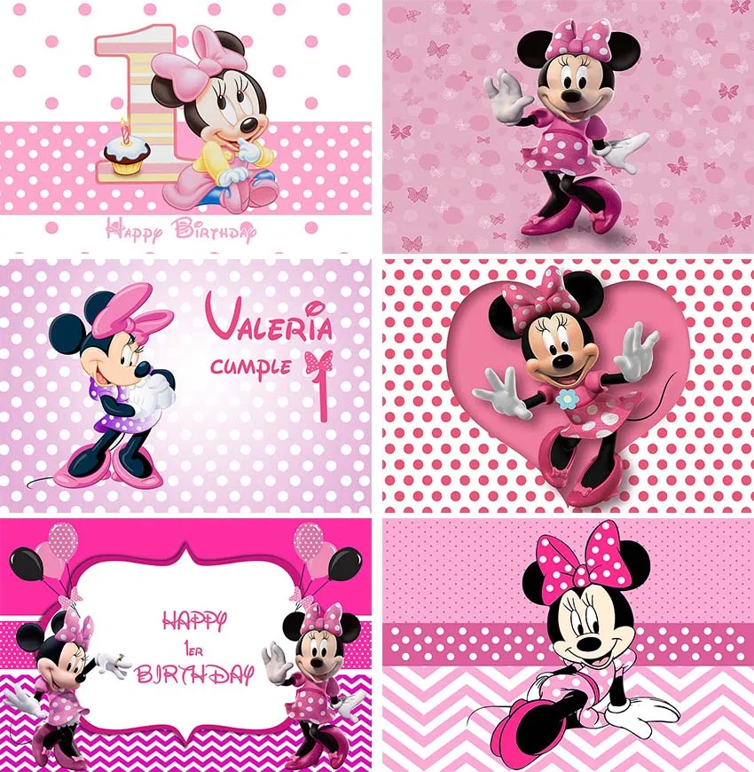 

Cute Pink Minnie Mouse Backdrop Happy Birthday Girl Baby Shower Party Decoration Photography Bow Princess Banner Background