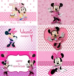 Cute Pink Minnie Mouse Backdrop Happy Birthday Girl Baby Shower Party Decoration Photography Bow Princess Banner Background