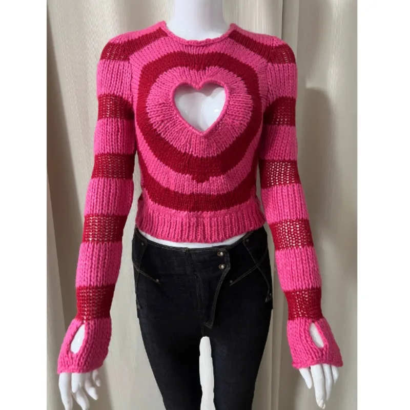 Rose red striped heart-shaped hollow sweater for women's autumn and winter design, unique and short slim knit top