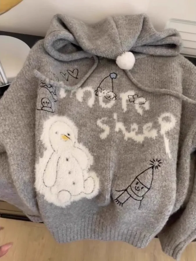 ay Cartoon Felpa con cappuccio da donna oversize maglione lavorato a maglia autunno inverno nuova versione coreana Sle Lazy Sle Match interno