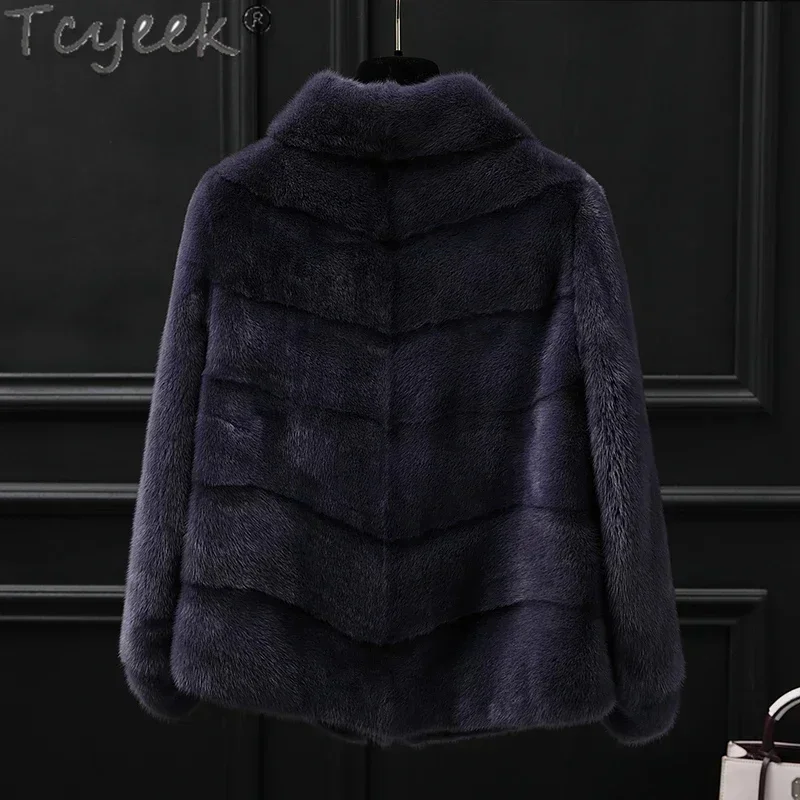 Tcyeek-abrigo de visón Real de gama alta para mujer, chaquetas naturales, ropa de invierno, chaqueta de piel negra, cuello alto