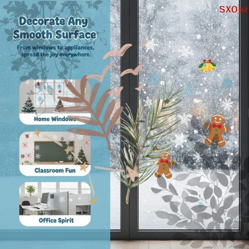 4/5 Sheets Snowman Reindeer Santa: Claus Christmas Tree Static Cling Decals 2027 Merry Window Stickers
