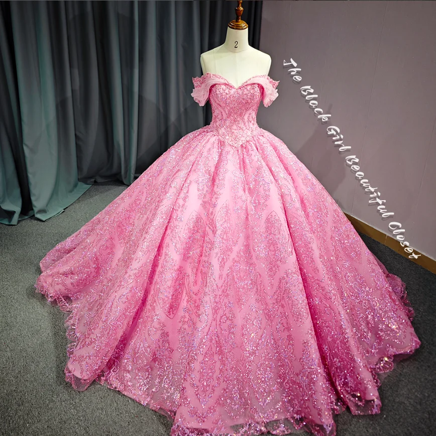 Pink Luxury Quinceanera Vestidos, bainha requintada, cartão de cinta, ombro princesa Tutu, Appliqued Tulle Pearls Prom Dresses, 15, 2024