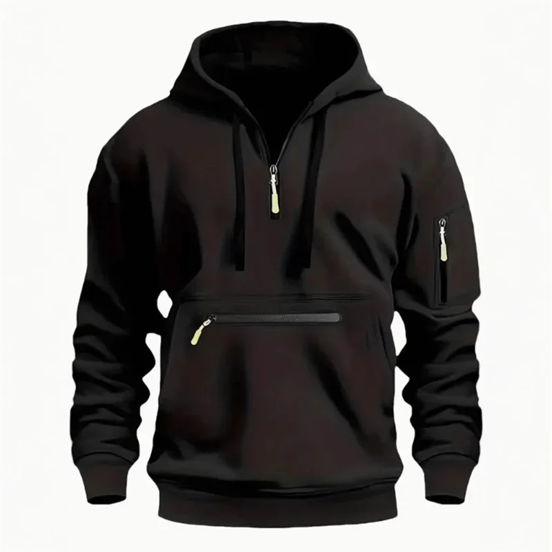 Men's Half-Zip Hoodie Multi-Pocket Utility Workwear Sweatshirt Casual Outdoor Athletic Pullover Top