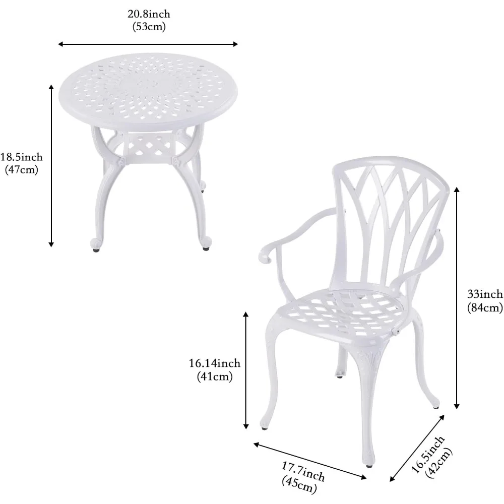 Jardin DE CENTENNAIL 3-Piece Outdoor Bistro Set Cast Aluminum Rust-Resistant Patio Furniture Armchairs Design (White)