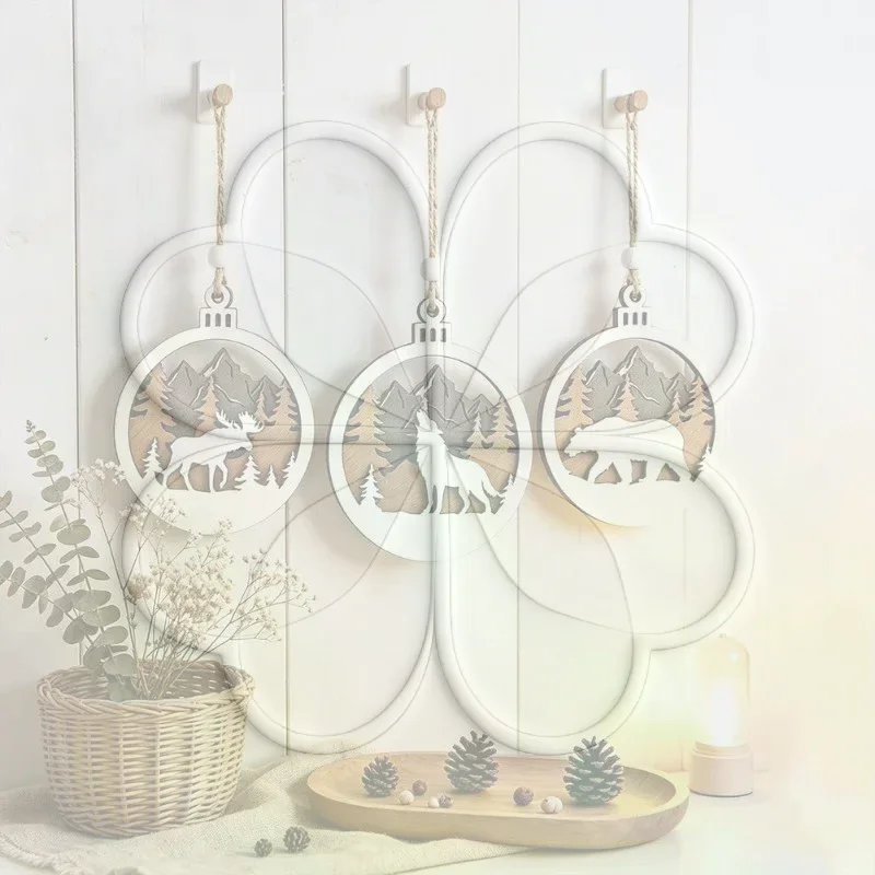 Rustic Wildlife Wood Cutout Hanging Decor Layered Hollow Mountain Bear Wolf Elk Bauble Winter Holiday Tree Decoration