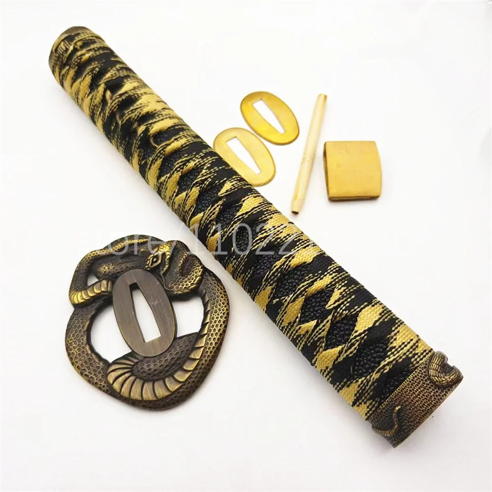 Two Tone Tsuka Handle Hilt Alloy Snake Tsuba Handguard Brass Habaki Seppa Japanese Real Japan Samurai Katana Sword FIttings