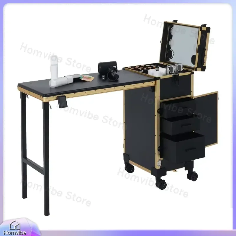 

Portable Metal Nail Table for Salon Modern Multifunctional Makeup Cart with Storage Shelves Pink Nail Station Furniture Set