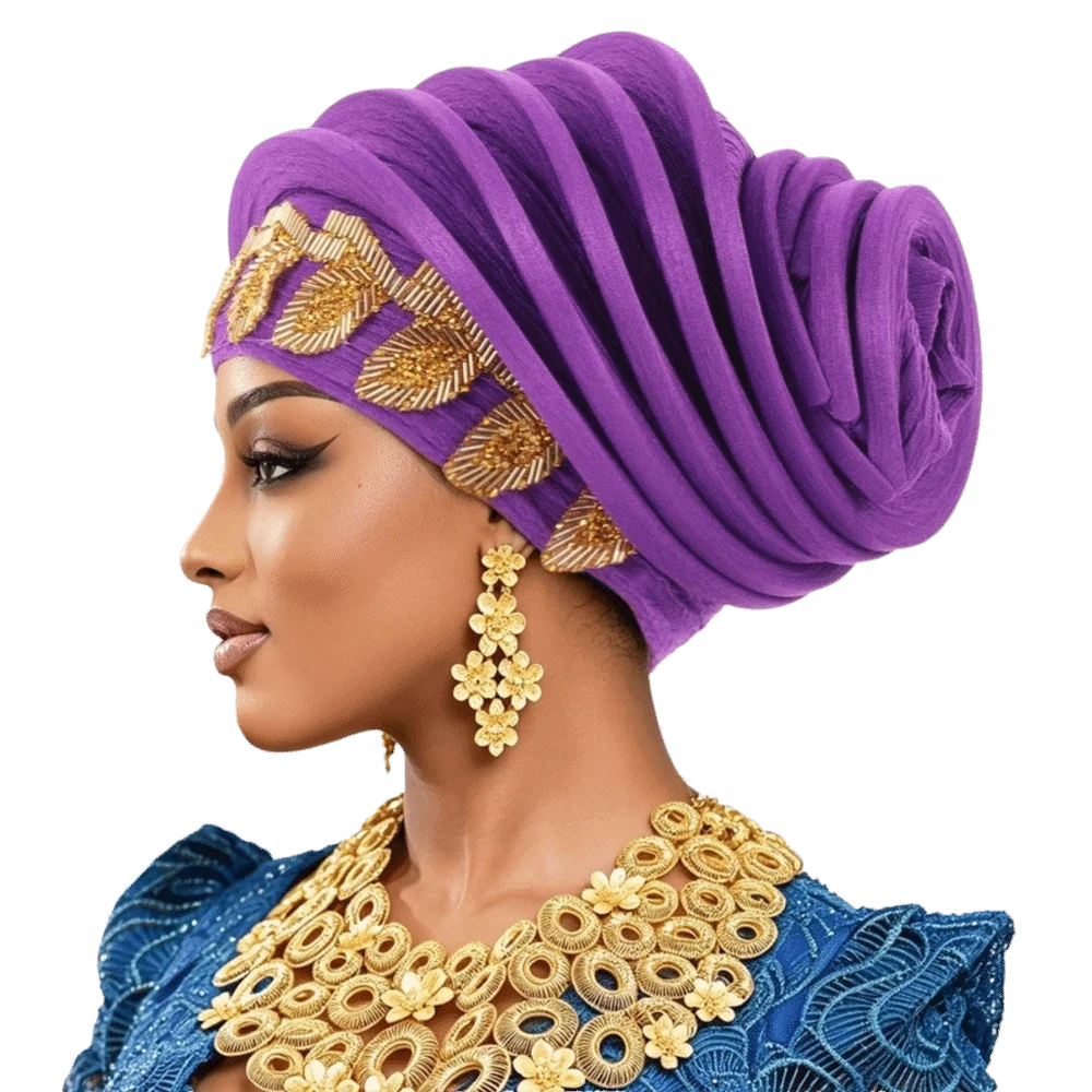 Vintage Shiny African Gele Headwrap Polyester Leaf Yoruba Turban Hat Pre-tied Gold Embellished Traditional Headpiece Daily