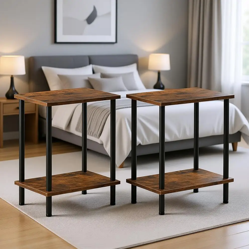 

2-Piece Small Side Tables Set with 2-Layer Storage Shelves, Ideal for Living Room, Bedroom, Rustic Brown