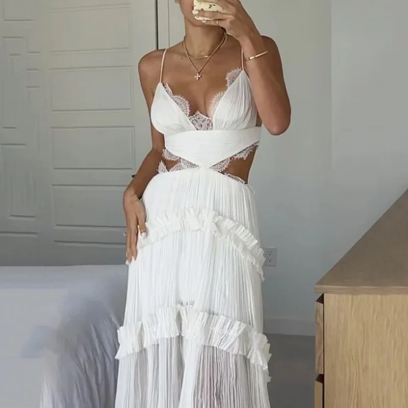Women Sundress Hollow Out Lace Splice A Line Beach Dresses V Neck Leaky Waist Folds Gown Elegant Long Vestidos Sleeveless