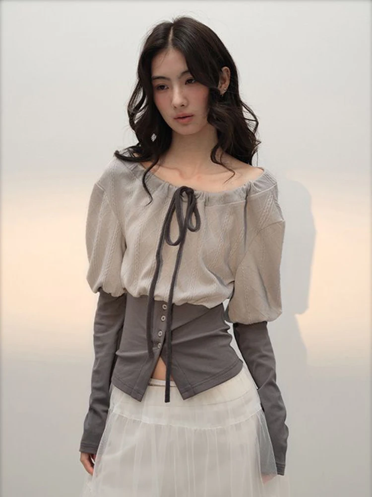 

Jmprs Sexy Cropped Slim T Shirt Women Vintage Patchwork Long Sleeve Korean Tees Streetwear Design Off Shoulder Female Y2K Tops