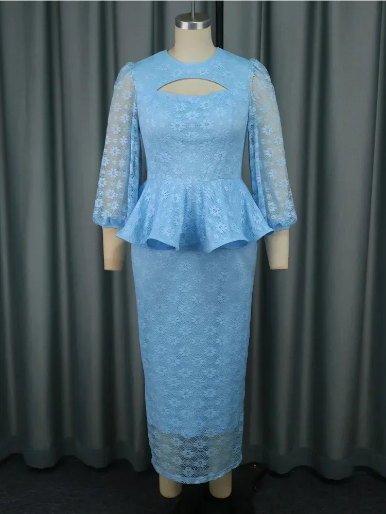 Vestidos de encaje azul cielo para mujer, cuello redondo recortado, Mangas de linterna, volantes, Bodycon, celebridad, cumpleaños, cena, ocasión