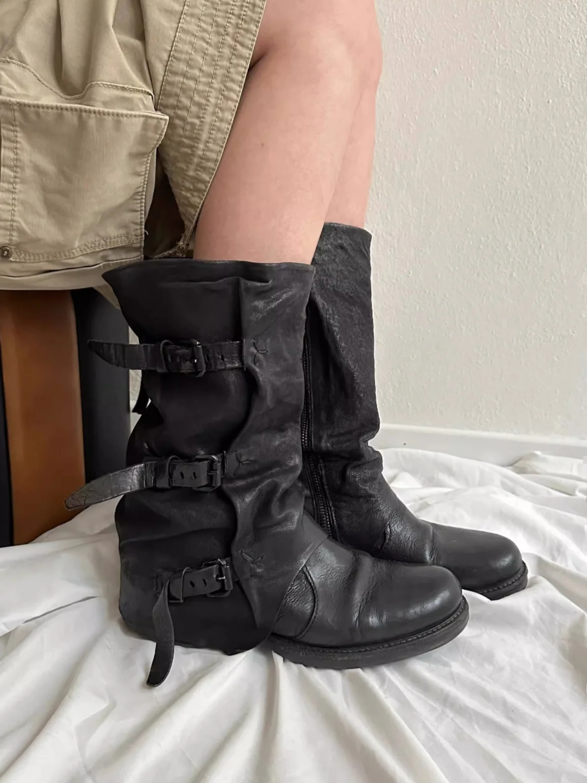 

Leather Version Retro Western Boots Belt Bule Mid-Calf Bla Versatile Genuine Leather Pleated Pant Tube Boots Women's