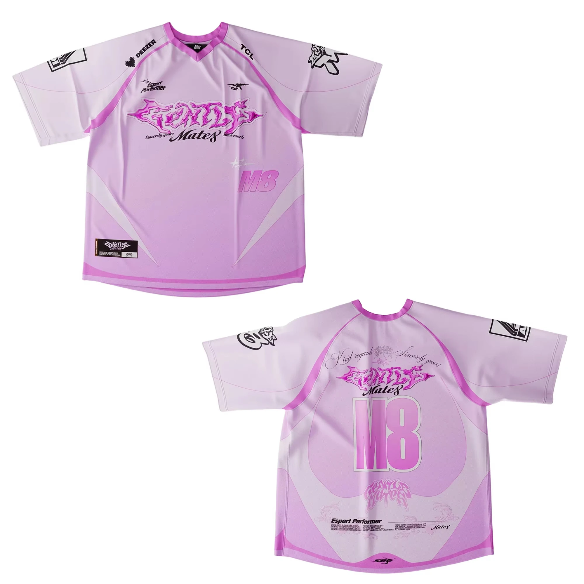 Gentle Mate8 M8 Y2K Pink Racing Jersey, Cyber Goth V-Neck Short Sleeve T-Shirt, Esport Performer Streetwear Top for Men Women