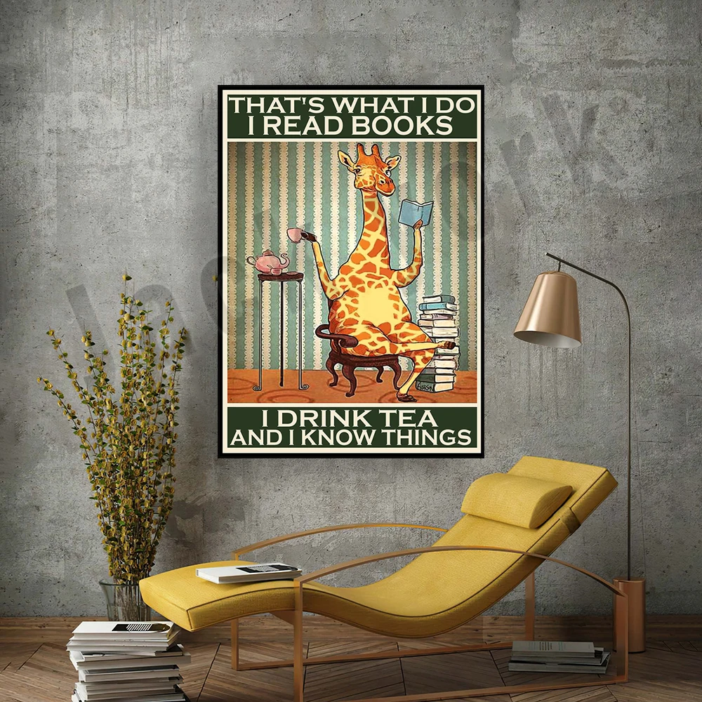 Giraffe This Is What I Do I Read Books I Drink Tea Things I Know Canvas Poster, Giraffe Reading Books Drink Tea Vintage Poster