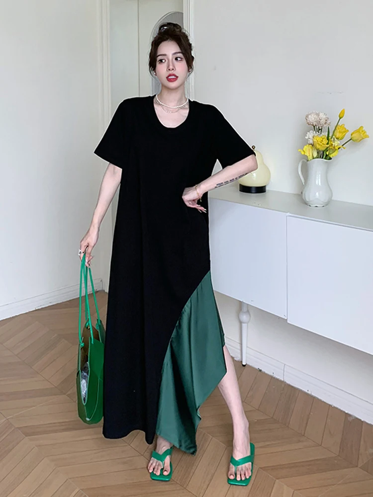 NYFS 2024 Summer New Korea Woman Dress Vestidos Robe Elbise Loose Plus Size Irregular Hem Patchwork Short Sleeve Long Dresses