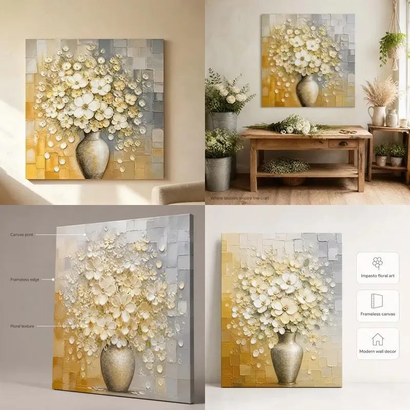 Handmade Golden Flower 3D Acrylic Digital Printing 6 Color Modern Abstract Canvas Wall Art for Home Decoration