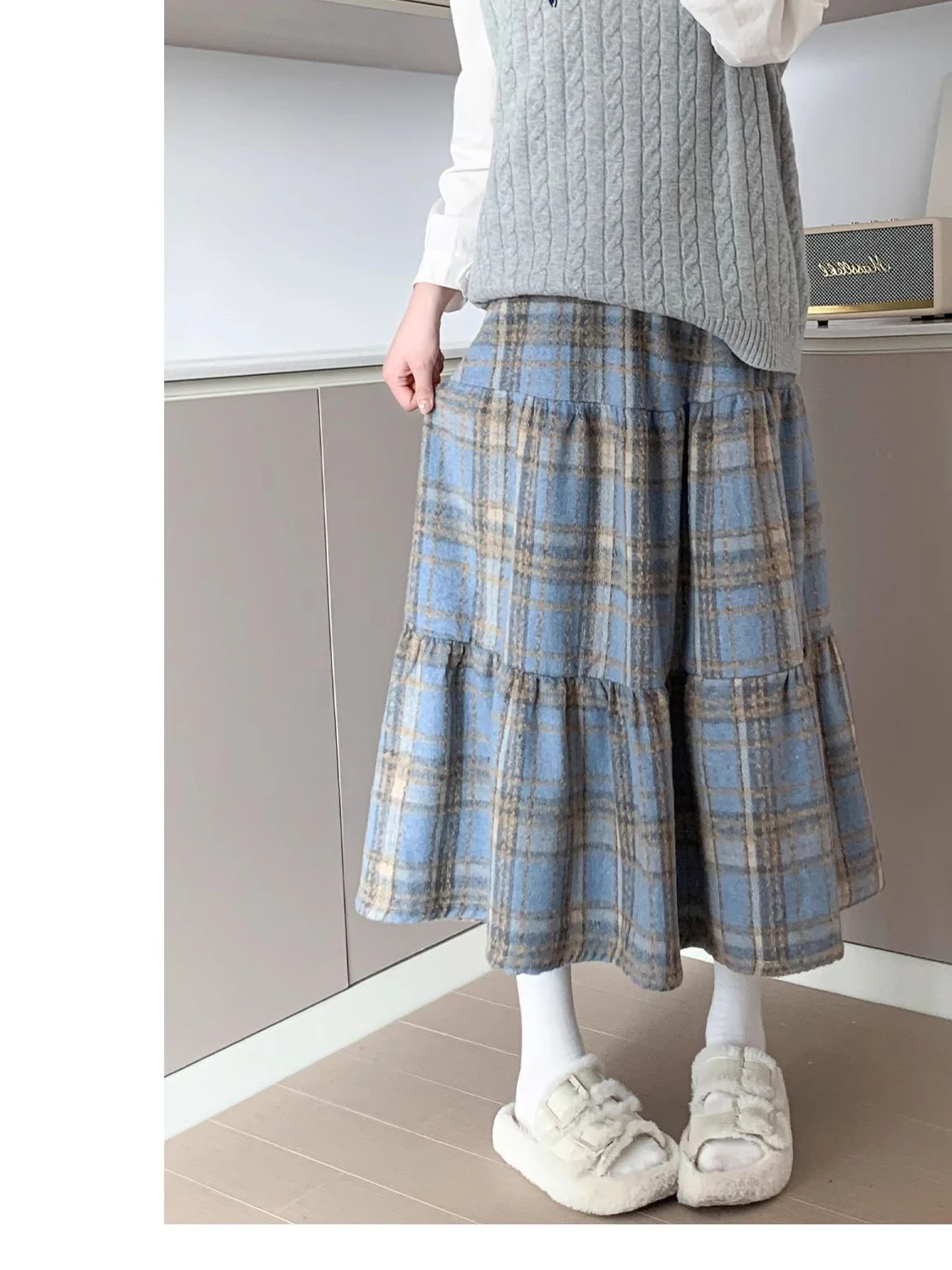 

Женская модная свободная шерстяная юбка в клетку с высокой талией больших размеров (до 300 фунтов), осенне-зимняя повседневная юбка А-силуэта