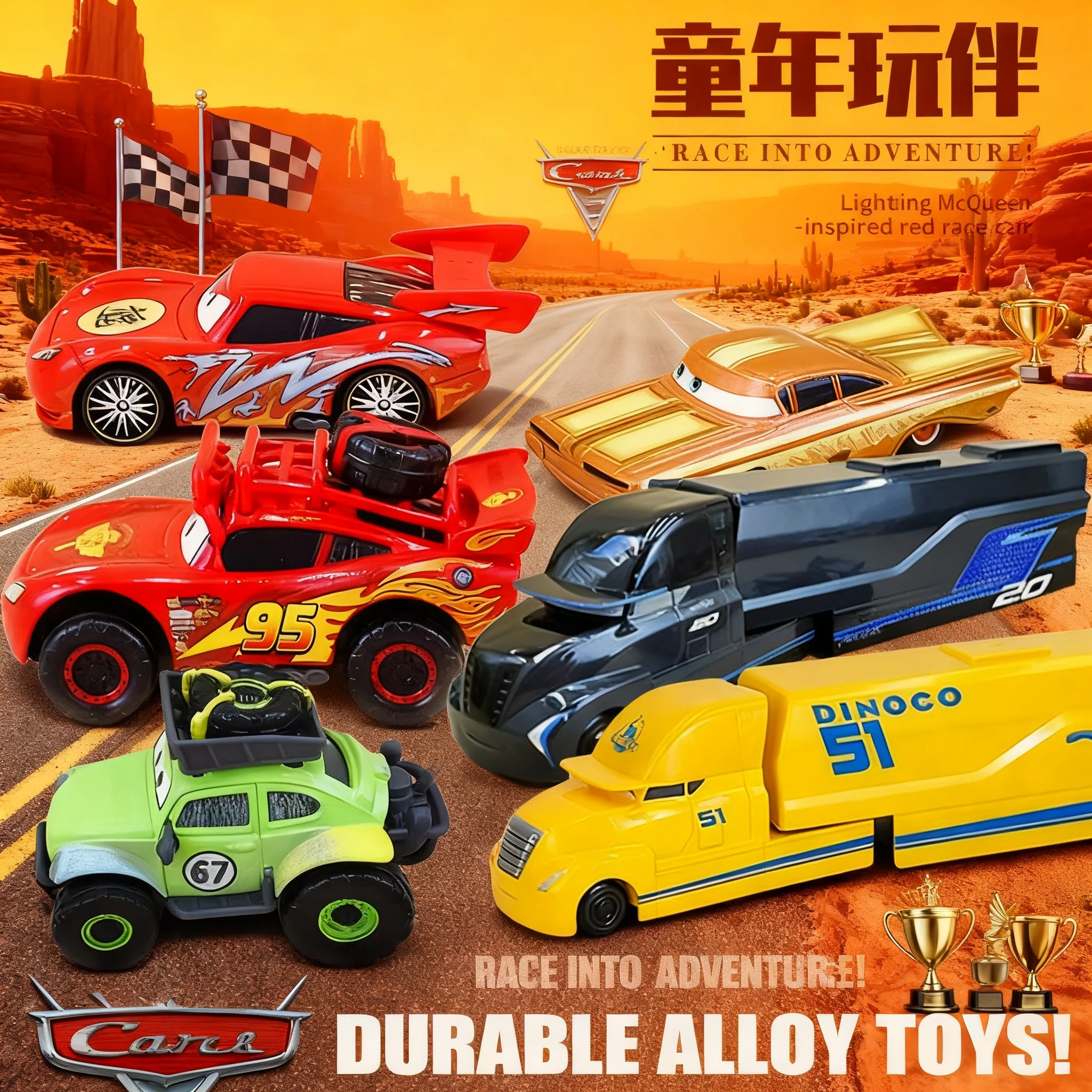 67 Carros de Corrida de Contêineres Médios, incluindo Carros McQueen, Storm e Ramon, e Veículo de Corrida Mater (Caminhão Reboque) nas cores Marrom e Preto