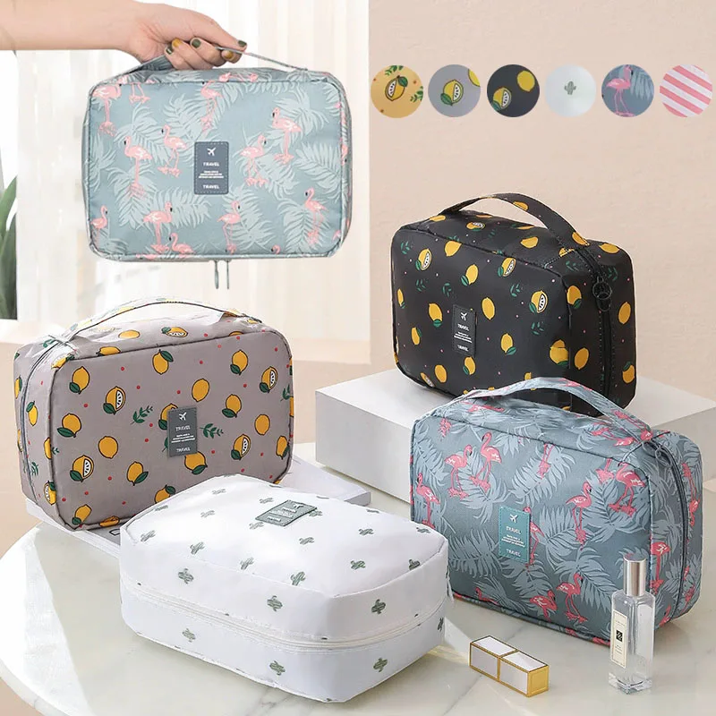 Waterproof Hanging Travel Cosmetic Bag Flamingo Lemon Print Portable Makeup Organizer Toiletry Wash Bag for Women Skincare Stora