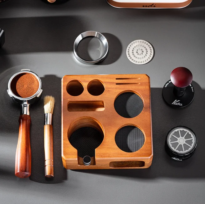 Handmade Walnut Coffee Tamper Set with Distributor Base Square Solid Wood Stand 58mm 53mm 51mm KFS01