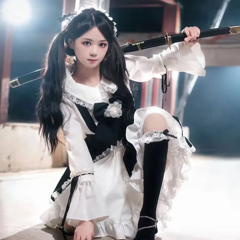 Blowing Pussy Maid Dress Cosplay Black and White Japanese Long Sleeve Lolita  Maid Dress Cute   Loose