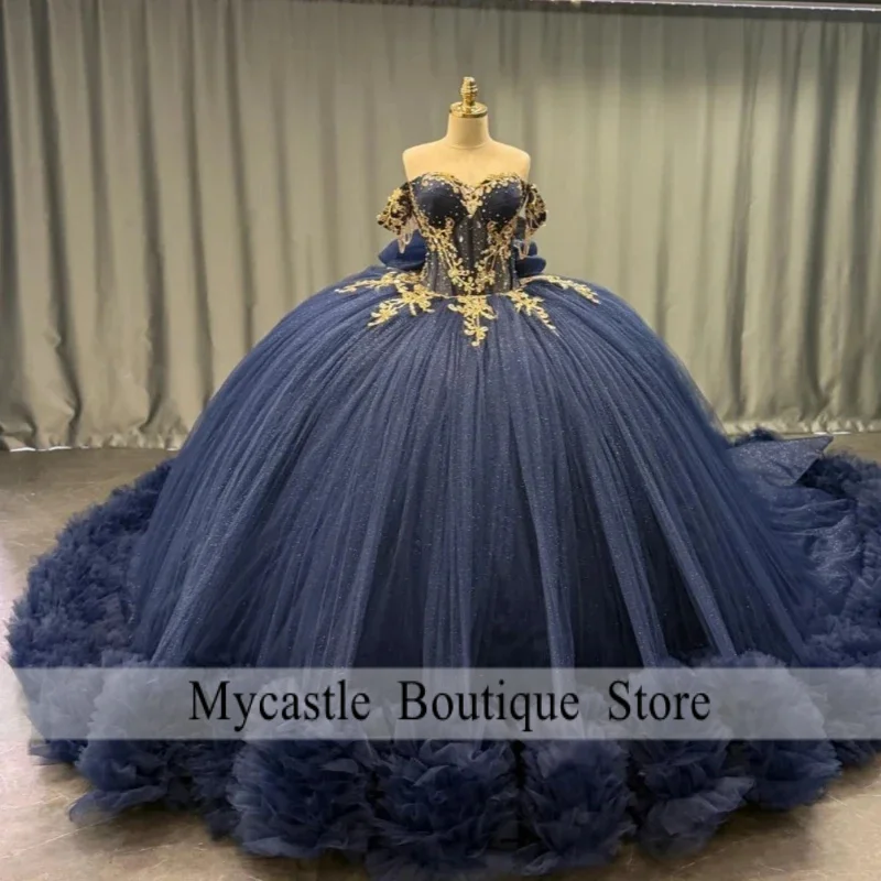 Navy Blue Shiny Quinceanera Dresses Off The Shoulder Gold Applique Lace Beads Bow Tiered Tull Party Birthday Sweet 16 Dress