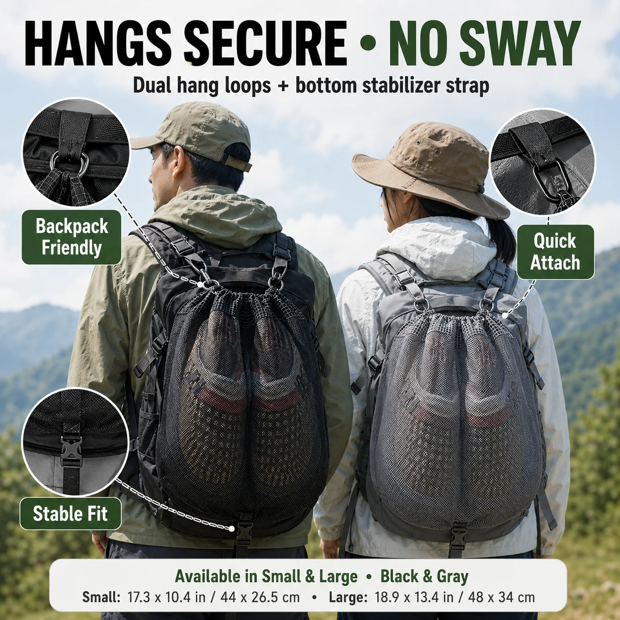 Sac à dos extérieur pour chaussures, pochette de rangement en maille imperméable, poche kangourou, sac d'extension pour la randonnée, le camping et les voyages