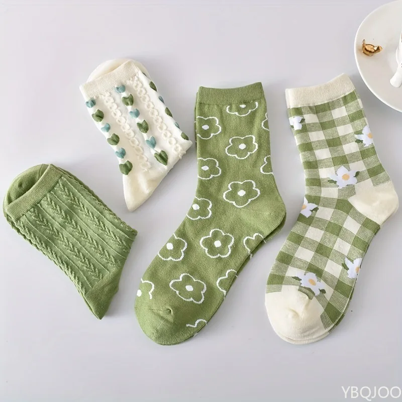 5 pairs Retro three-dimensional relief flower striped women's socks fashion women's mid tube socks casual comfort short socks