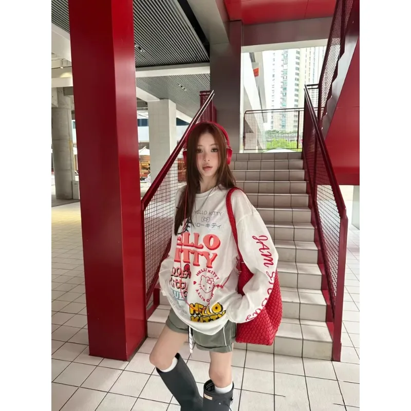 

Новая осенняя футболка с длинными рукавами и 3D-принтом Hello Kitty 2025 года, свободный и повседневный быстросохнущий топ
