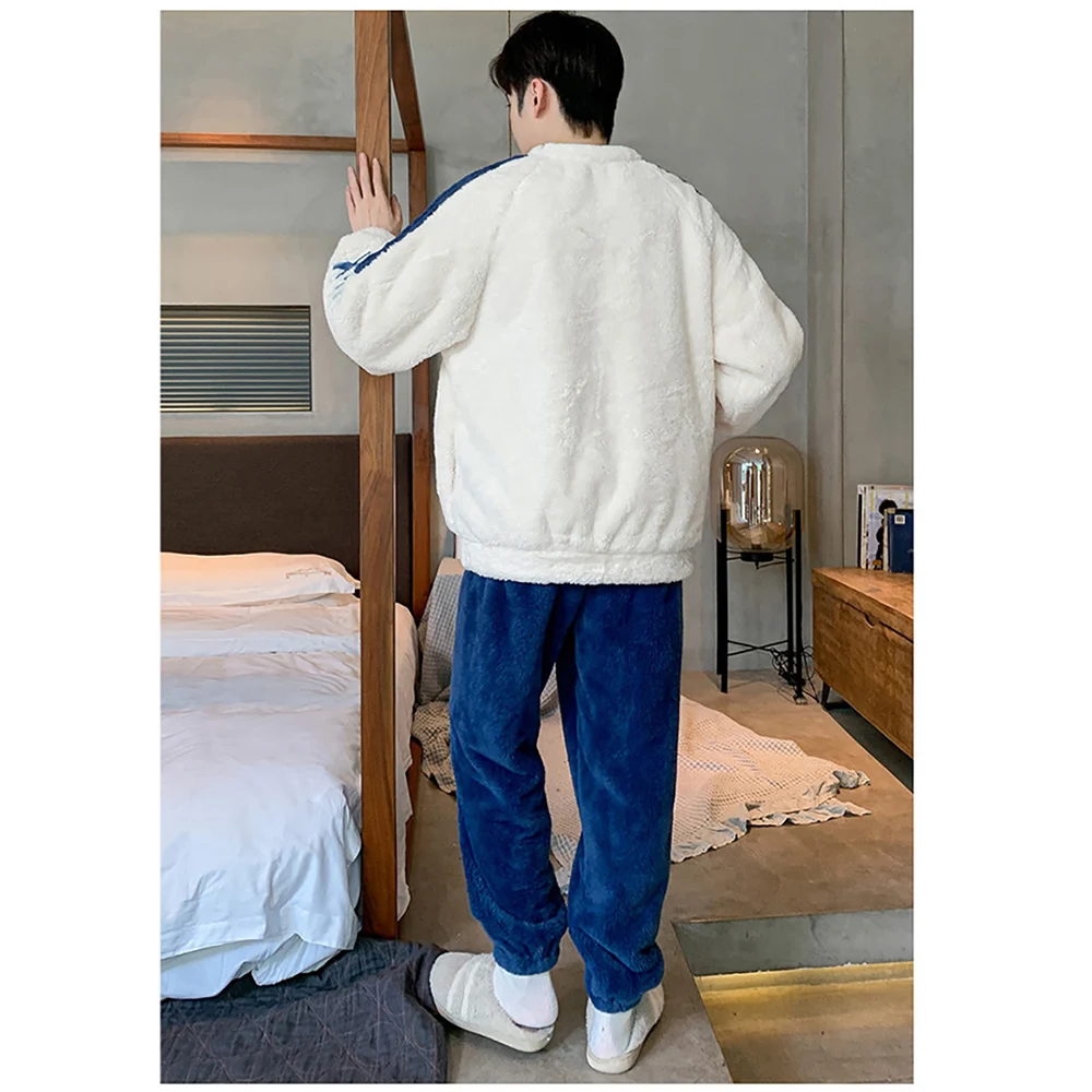 Fashion Cartoon Winter Men O Neck Sleepwear for Sleeping Thicken Plush Flannel Warm Pajamas Set Comfortable Soft Pyjamas Homme