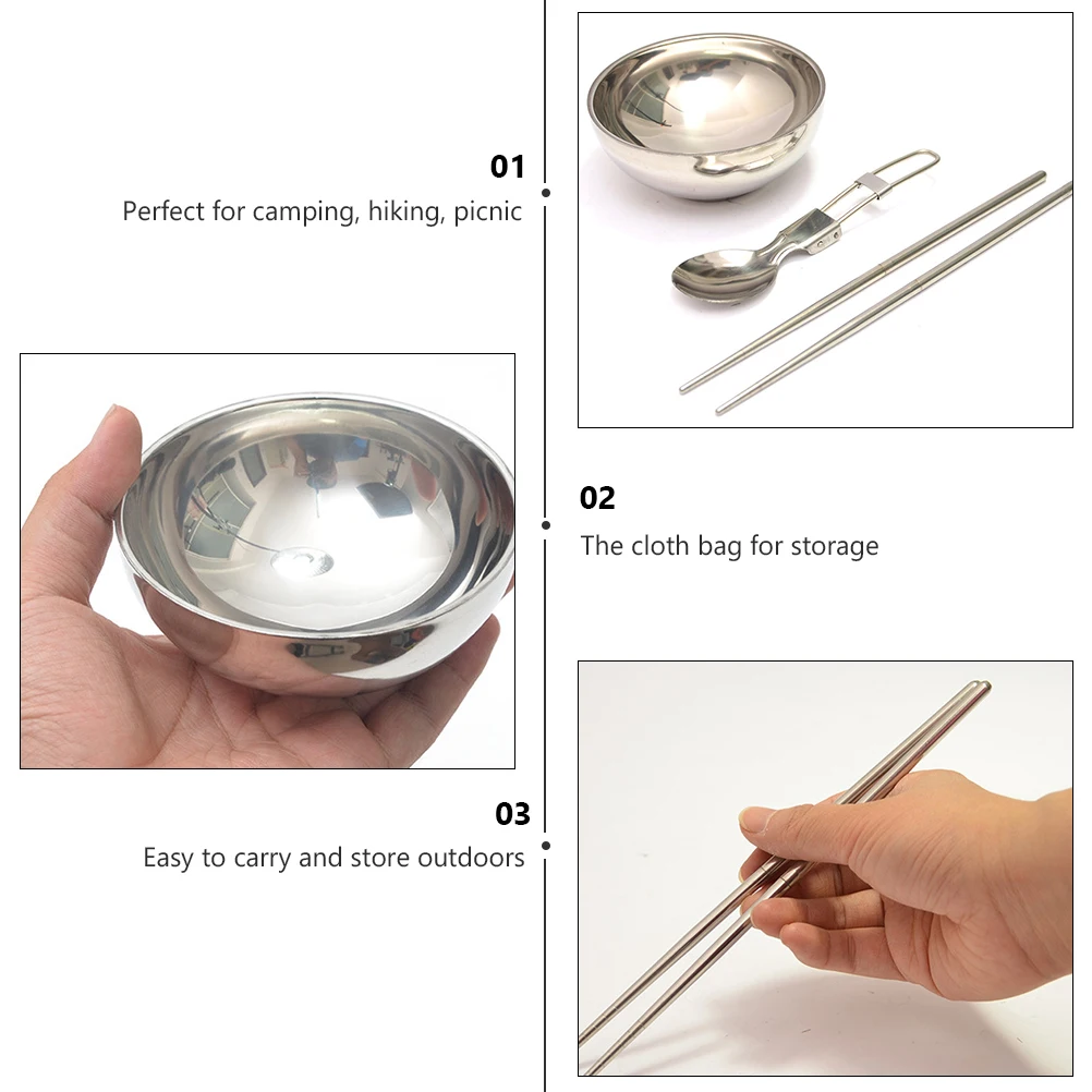 

1 Set Stainless Steel Foldable Bowl Camping Picnic Tableware Set With Spoon Chopsticks Stackable Outdoor Kitchenware For Hiking