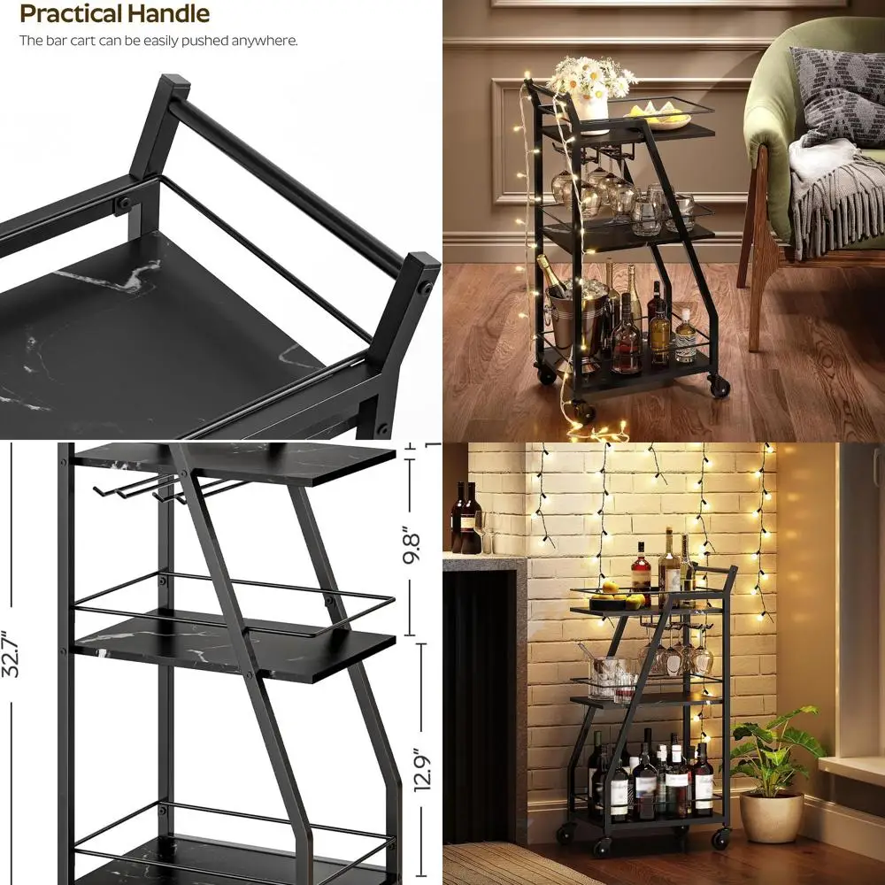 

Портативная тележка для домашнего бара со стеклянной стойкой, черной мраморной столешницей и колесами, BC03BM