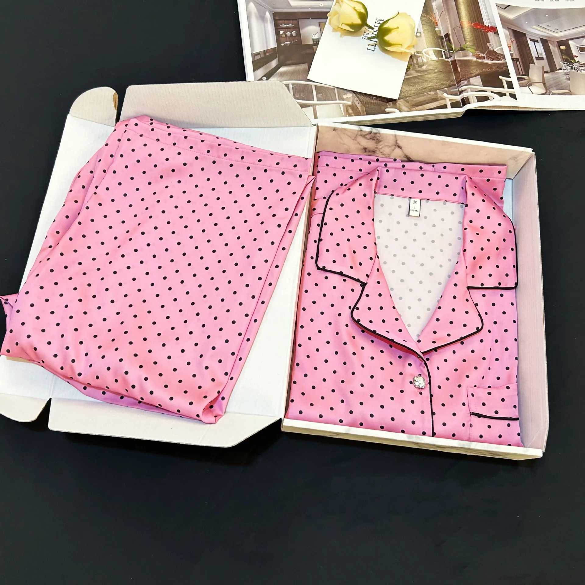 Pink Polka Dot Ice Silk Women's Sleepwear Set Comfortable Breathable Ultra-Thin Long Sleeve Long Pants Home Leisure Outfit