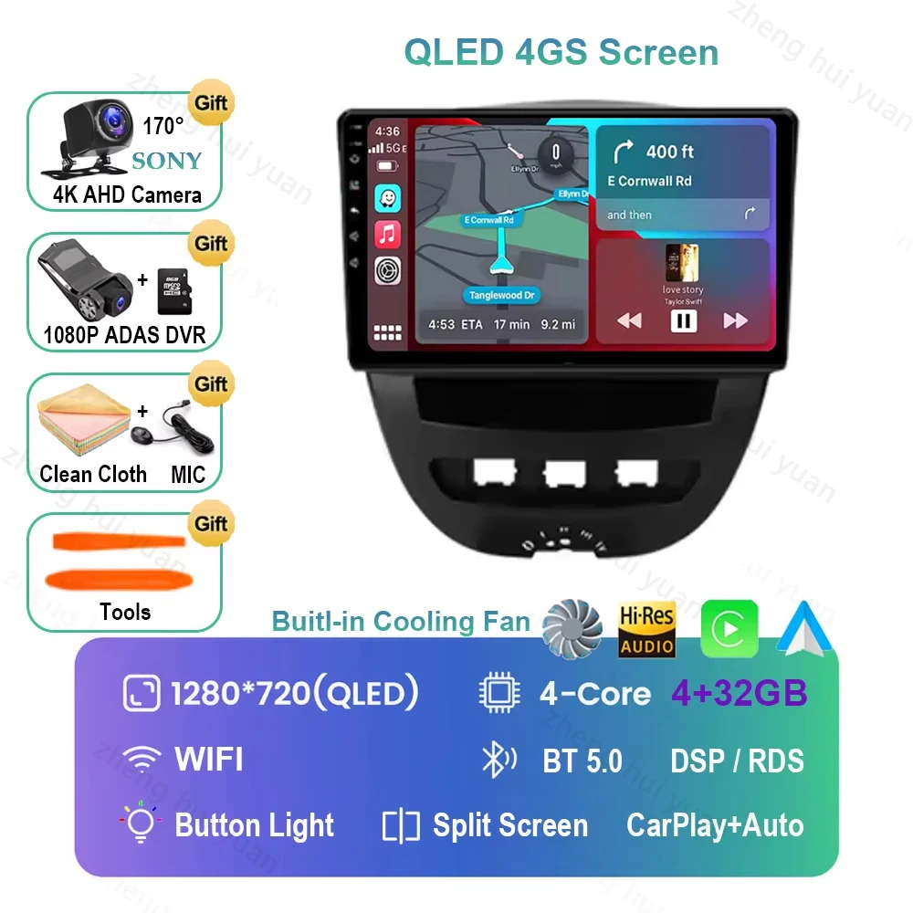 Voor Peugeot 107 Toyota Aygo Citroen C1 2005-2014 Android 16 Carplay & Auto Autoradio Navigatie Multimedia Stereo Speler BT QLED