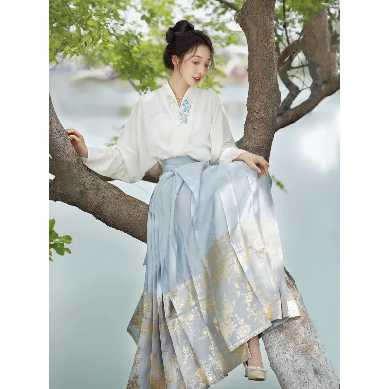 Women Hanfu Suit Embroider Flower Top&skirt New Chinese Style Dress Improved Horse-Face Skirt Summer New Qipao Vintage Vestidos