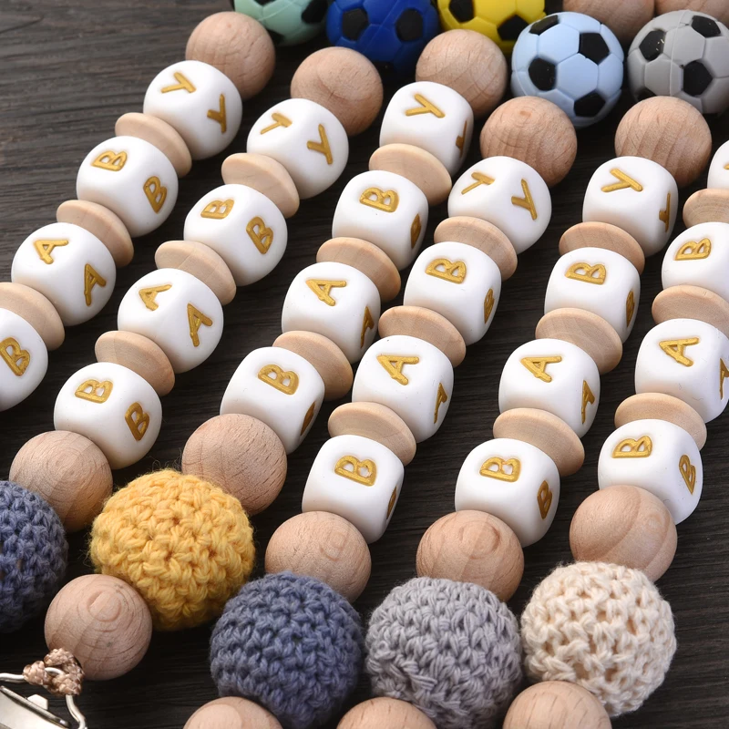 Baby Beech Wood Chupeta Clipe Nome Personalizado Silicone Felt Wood Beads Para O Bebê Dentição Manequim Titular Cadeia Brinquedo de Enfermagem Presente