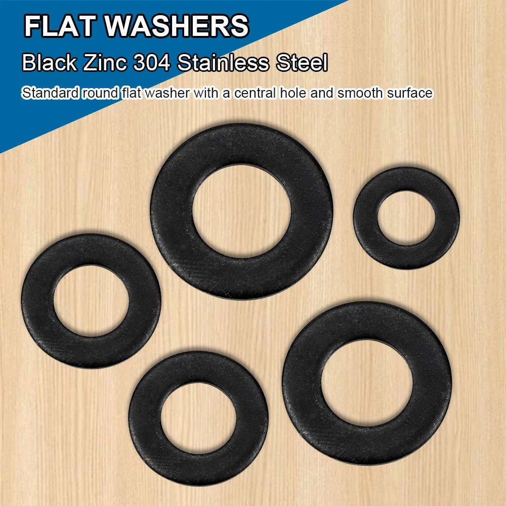 10-50pcs/pack Black 304 Stainless Steel Flat Washers M1.6 M2 M2.5 M3 M4 M5 M6 M8 M10 Plain Washers Gasket Ring GB98