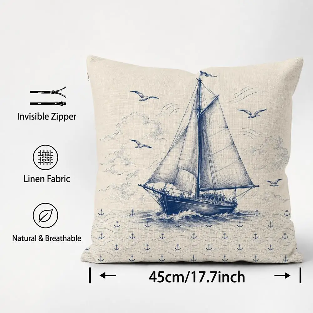 Nautical Coastal Sailing Sailboat Cushion Cover Cushion Covers Natural Linen Breathable Sofa Bedroom Decor Pillowcase