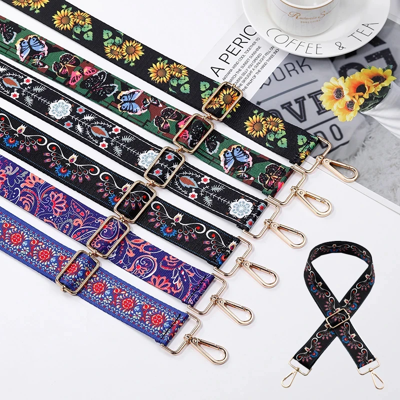 Ethnic Style Flower Printing Bag Strap Handbags Wide Bag Belt 3.8cm Wide Adjustable Crossbody Shoulder Bag Strap Bag Accessories